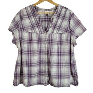 Sonoma Plaid Button Front Top Purple 2X V Neck Band Collar Smocking 100% Cotton